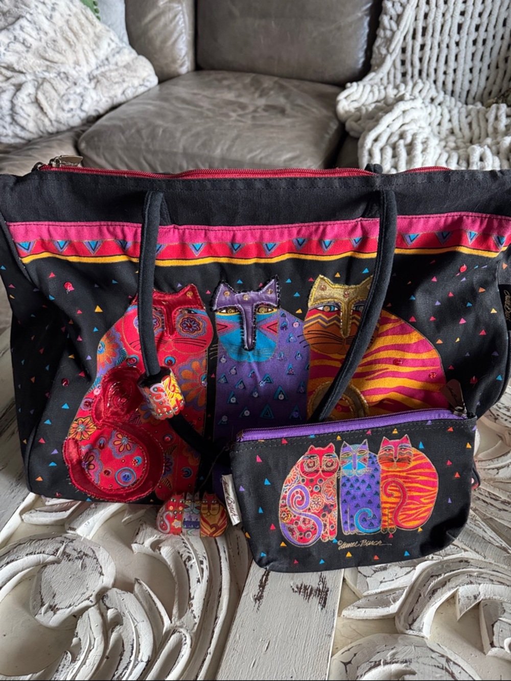 Vintage Laurel Burch Large Tote Purse Duffle Weekender Bag Wooden Charms Cats